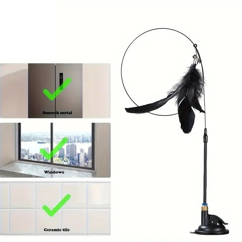 Cat Teaser Toy - Interactive Bell & Feather Wand - Long Suction Cup (Black Enhanced)